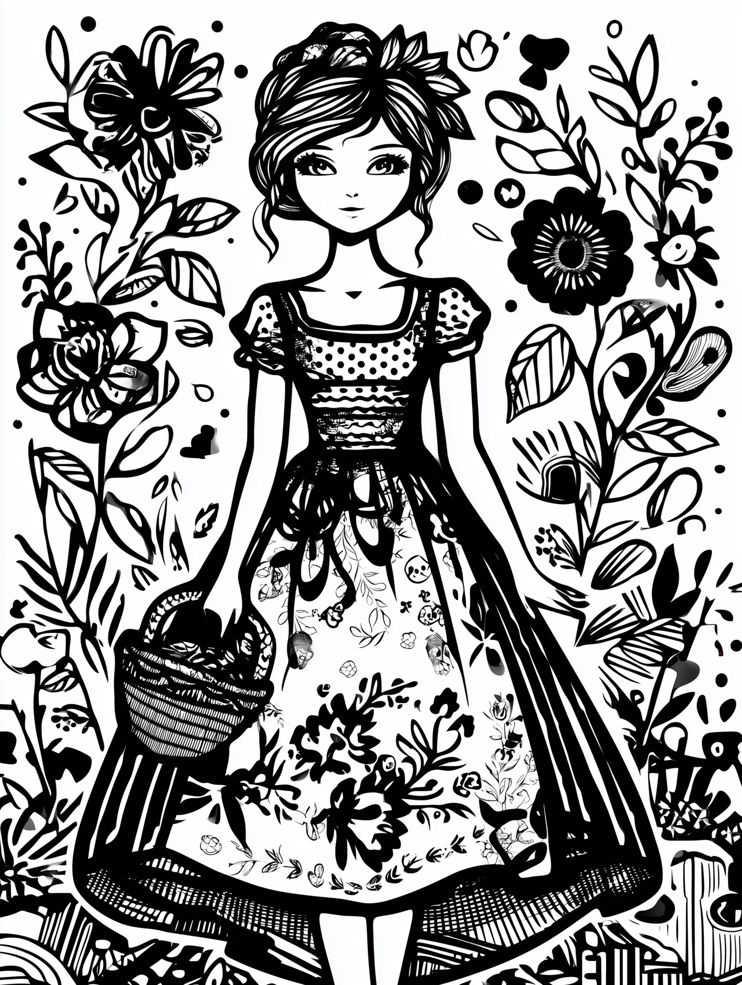 Free printable dress coloring page for adults featuring a peasant dress with a basket